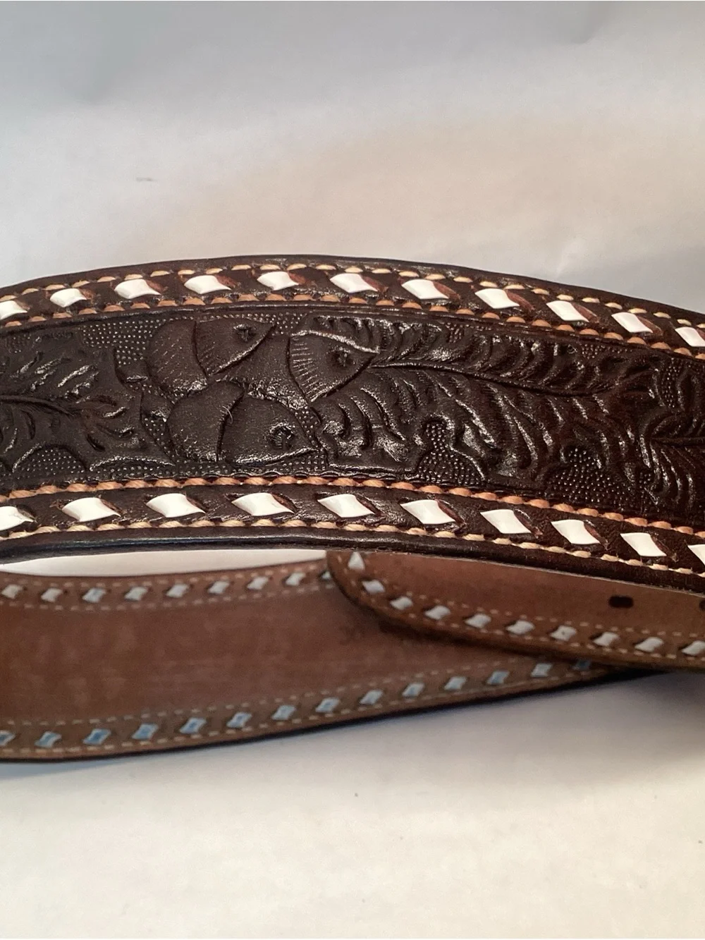 Vintage TOOLED Belt ACORNS Cowhide Leather 30 Brown White Tapered Cowboy Western